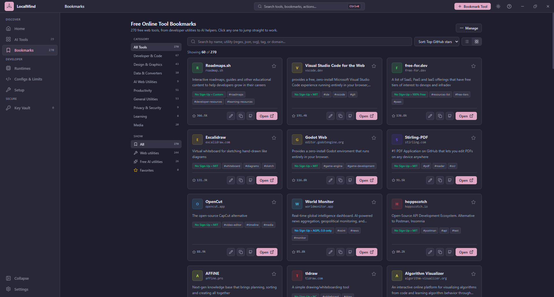 The Bookmarks page in grid view